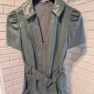 NWT Faux Leather Moto Style Belted Short Sleeve Zip Front Mini Dress, Size S